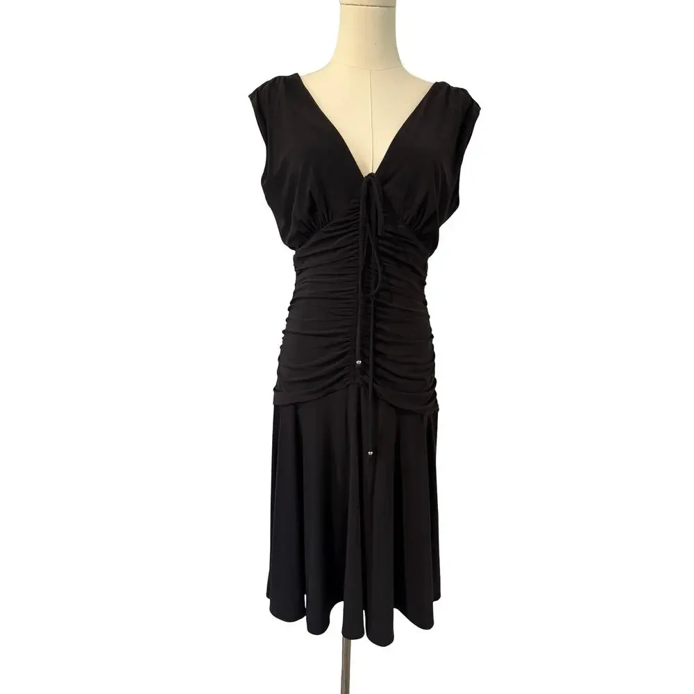 WHBM Black Ruched Midi Dress Size 6 Drop Waist V Neck Fit Flare Dress